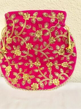 Indian Potli Embroidered Hot Pink Velvet Bag with Gold Motif (9”x9”)